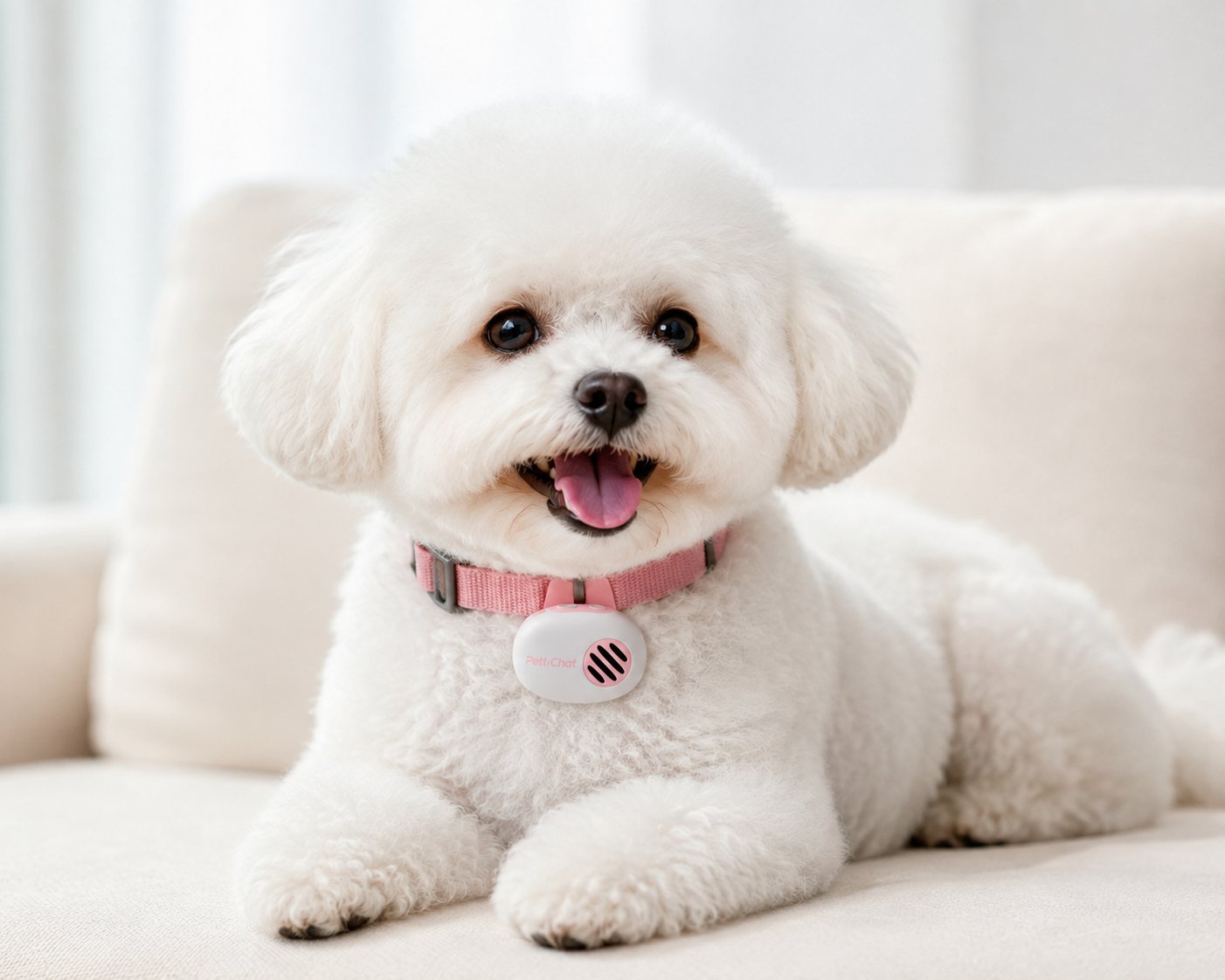 Fluffy white dog wearing the Pettichat device on a pink collar