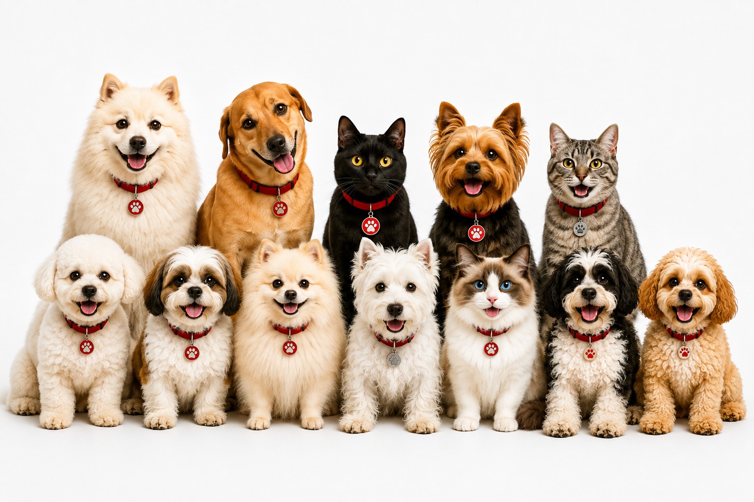 A group of happy dogs and cats wearing red Pettichat collar tags