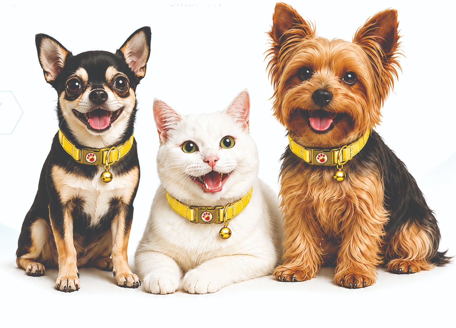 Three happy pets wearing Pettichat tags on their collars