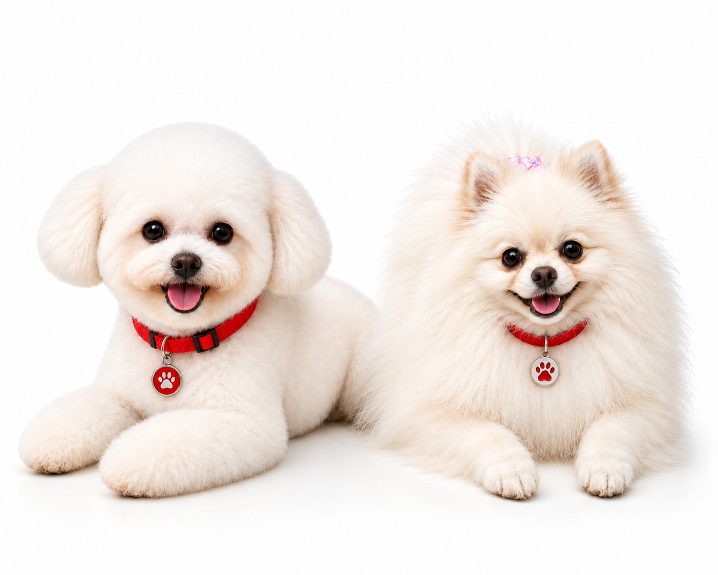 Two happy dogs wearing red Pettichat collar tags